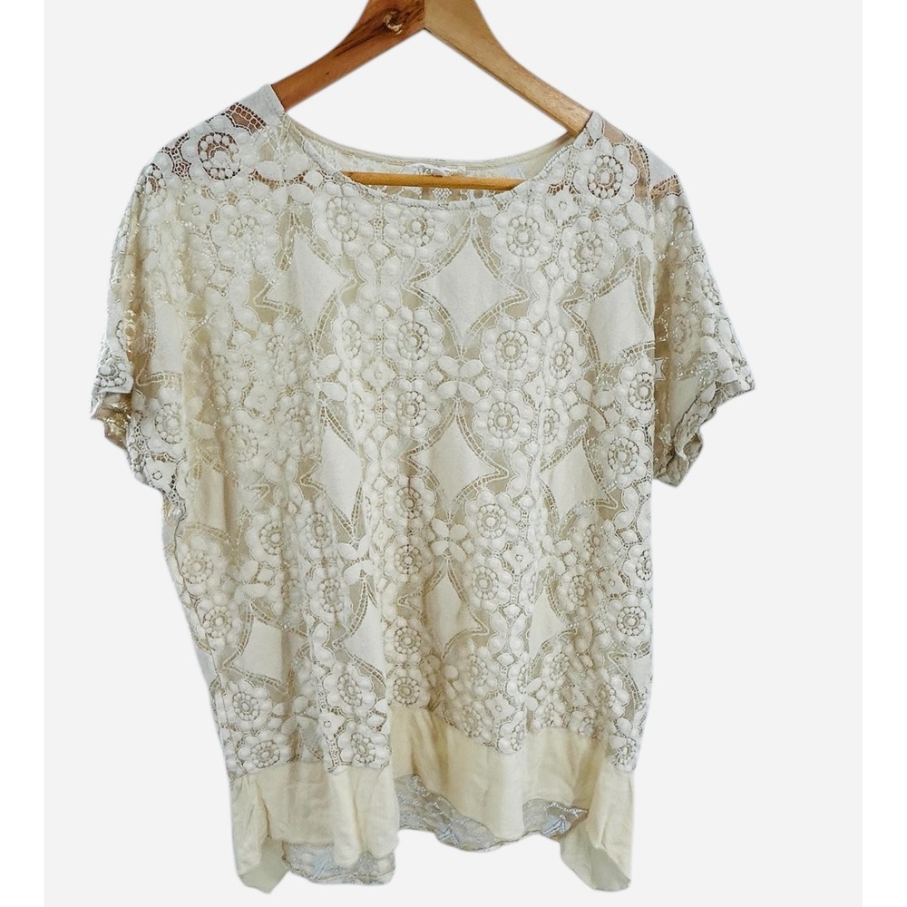 Easel Lace Floral Overlay Tunic Top Short Sleeve Sheer Cream Small